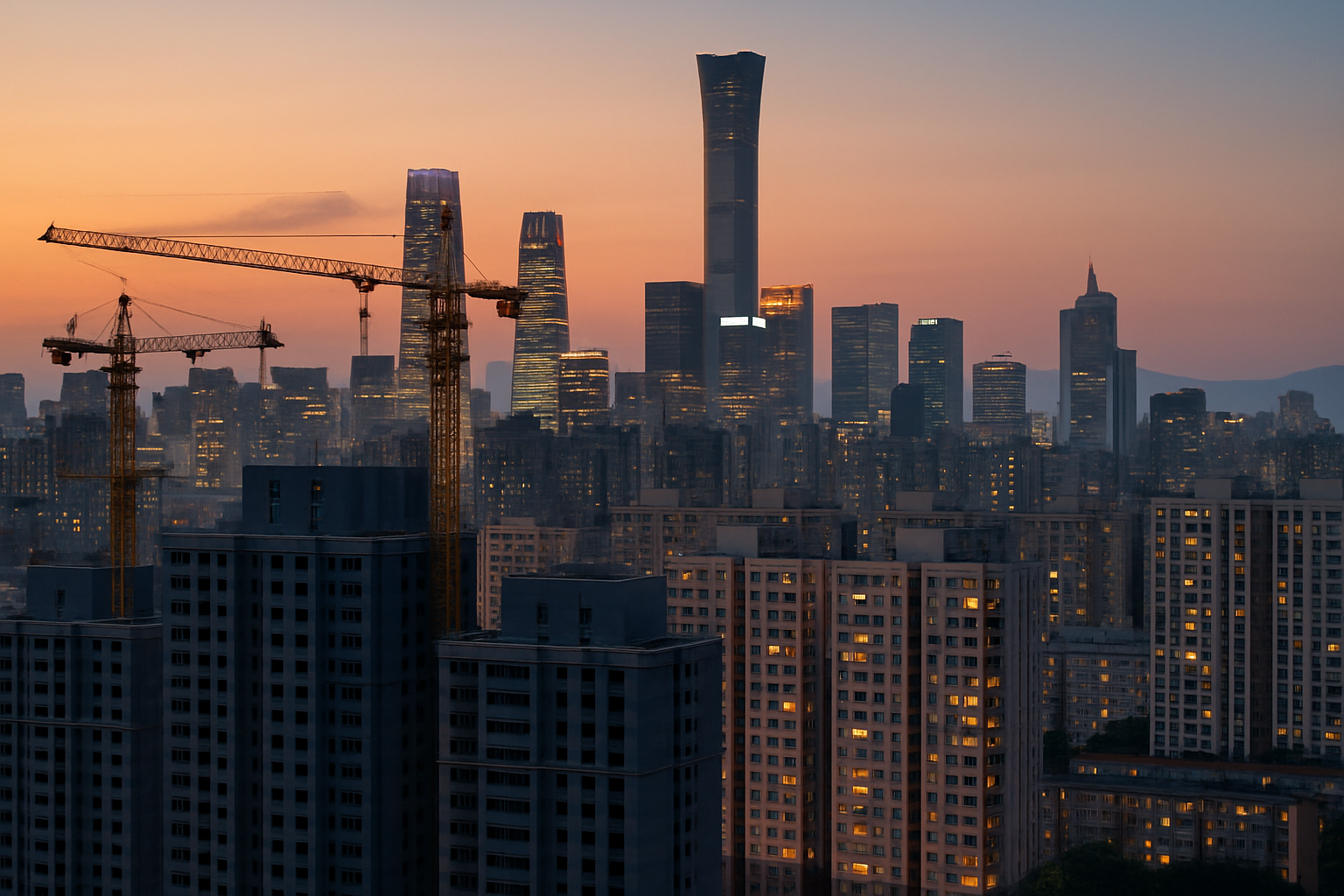 Beijing skyline with construction cranes and apartment blocks