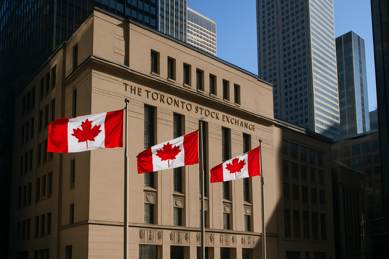 Toronto Stock Exchange building with Canadian flags