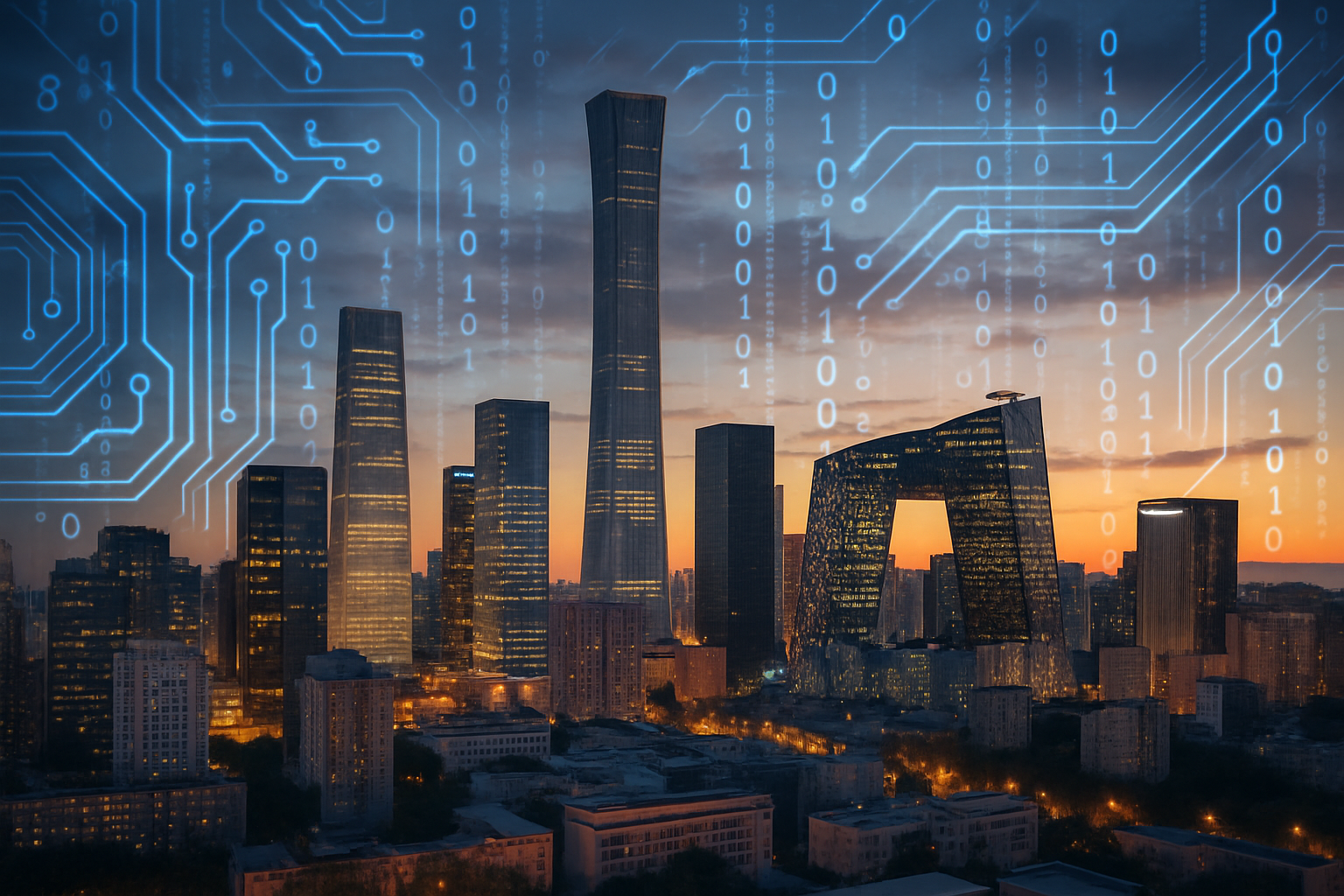 Silhouettes of skyscrapers in Beijing with digital AI code overlay