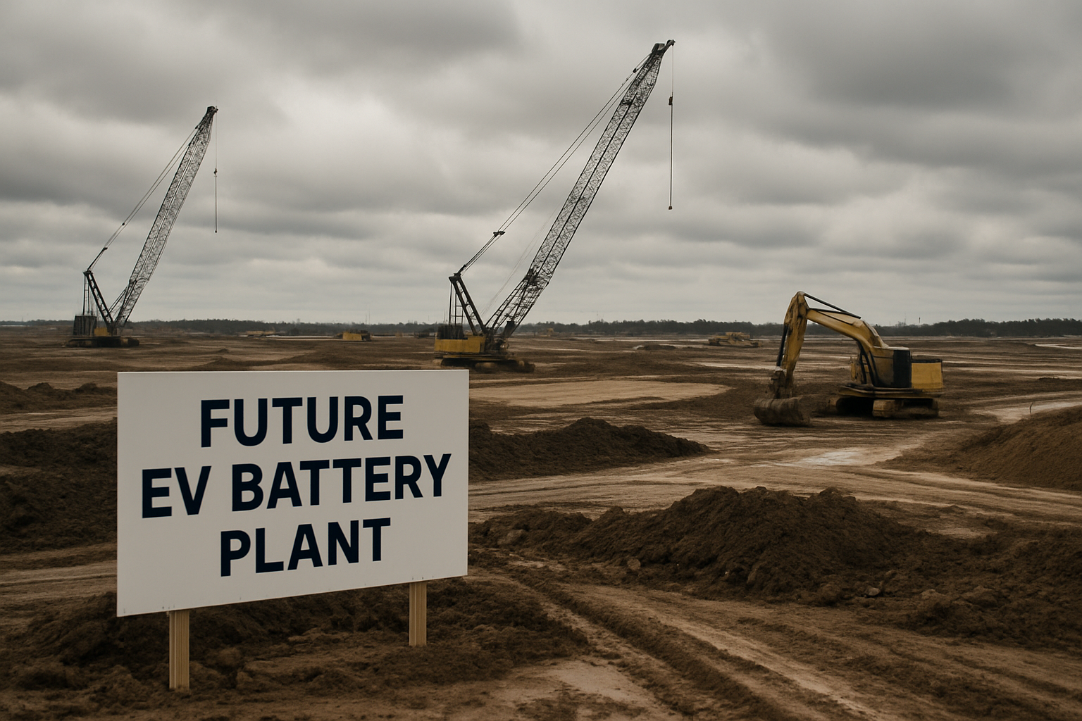 Construction site with heavy equipment at planned St. Thomas battery plant site