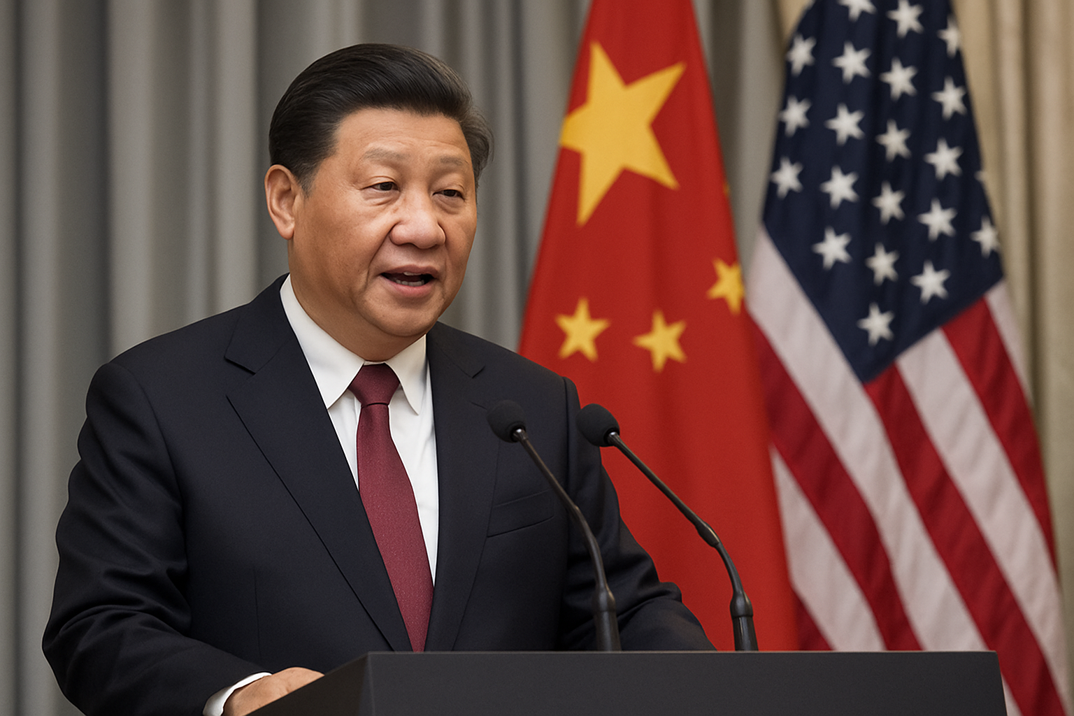 Chinese President Xi Jinping speaking at a state event in Washington, with delegates in the background