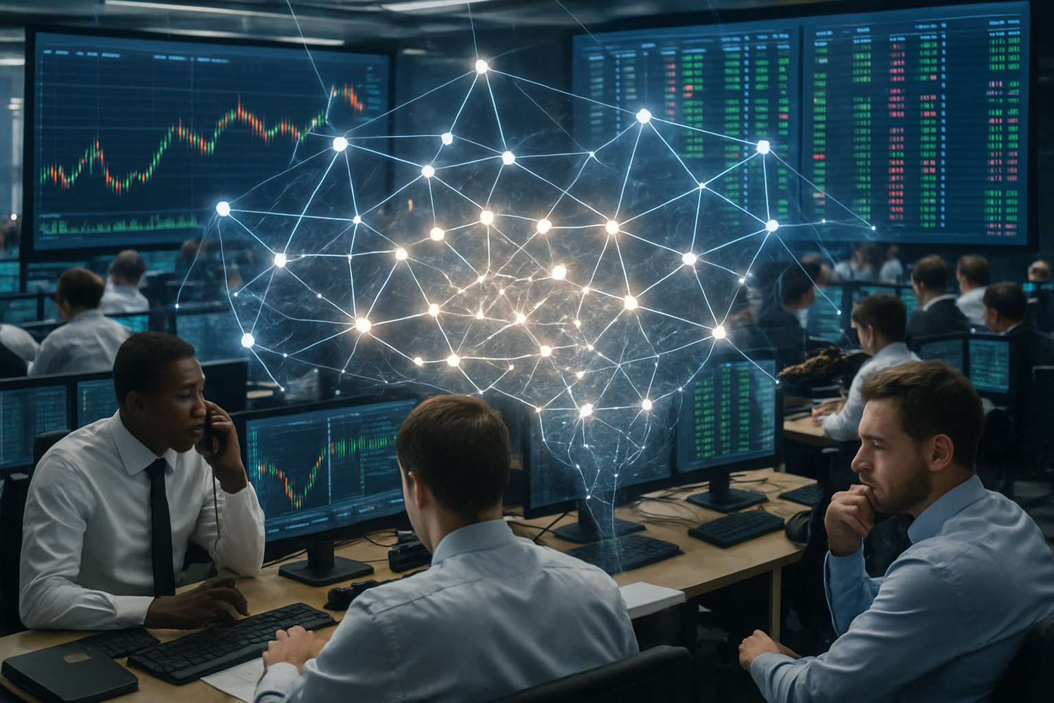 Trading floor screens showing market data with AI overlay